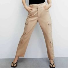 Brand New Zara Cargo Trouser Pants In Khaki/Beige Brand New With Tags Chic Khaki Cargo Pants With Pockets, Chic Khaki Cargo Pants, Trendy Beige Pants With Cargo Pockets, Beige Cargo Pants For Fall, Brown Ankle-length Cargo Pants With Pockets, Trendy Beige Pants With Side Pockets, Beige Cargo Pocket Ankle-length Pants, Beige Cargo Ankle-length Pants, Beige Cargo Style Ankle-length Bottoms