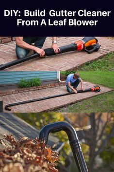 a man laying on the ground next to a leaf blower