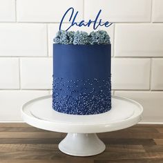 a blue frosted cake with succulents and the name charlotte on top