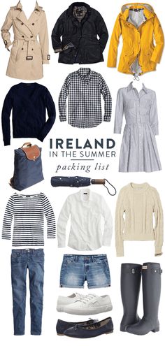 some clothes and boots are arranged in the shape of a collage with text that reads ireland in the summer packing list