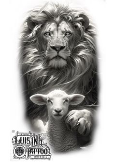 the lion and lamb are depicted in this black and white photo