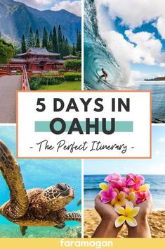 the words 5 days in oahuu on top of pictures of different places