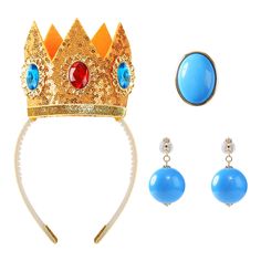 PRICES MAY VARY. Princess costume accessories set comes with 1 gold crown headband, 1 pair of clip-on blue earrings and 1 blue brooch. Adorable and durable. The sequin crown is 3.5 inches in height, diameter of the headband is 4.5 inches. One size fits most. The princess crown is embedded with blue & red gem, beautiful and shining. The earrings are no-pierced clip on design, easy to wear. The brooch is attached with a rota-table brooch bar pin to minimizes the chance the pin might come undone or Princess Peach Crown, Princess Daisy Costume, Princess Peach Costume, Crown Accessories, Peach Costume, Family Christmas Outfits, Heart Costume, Queen Of Hearts Costume, Princess Halloween Costume