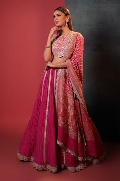 Buy Pink Pure Georgette Embroidery Gota Round Neck Placement Lehenga Set For Women by Bandhani Online at Aza Fashions. Pink Dupatta For Lehenga, Gotapatti Work Lehenga, Pink Bandhani Lehenga, Crush Lehenga Design, Crush Fabric Lehenga, Gota Patti Blouse Design, Bandhani Dupatta Outfit, Cutdana Lehenga With Traditional Drape, Bandhani Dupatta Dress