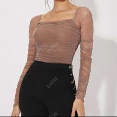 Never Worn, Stretches, Fits Like A Small Glamorous Ruched Tops For Parties, Glamorous Party Tops With Ruched Details, Glamorous Ruched Party Tops, Chic Glitter Fitted Top, Neutral Tops, Dressy Shirts, Glitter Top, Burgundy Top, Sheer Shirt