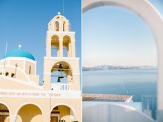 two pictures one with a bell tower and the other with a blue dome