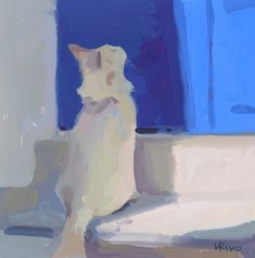 a painting of a white cat sitting in front of a blue window sill looking out