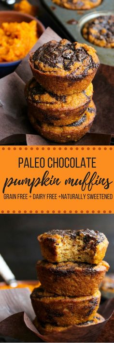 some pancakes stacked on top of each other with the words paleo chocolate pumpkin muffins