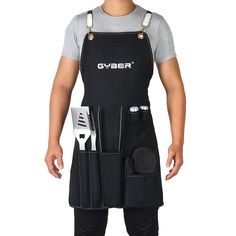 a man wearing an apron with tools attached to it and holding a knife, fork and spoon