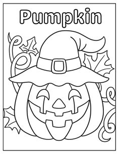 a coloring page with pumpkins and leaves for kids to color on the front, in black and white