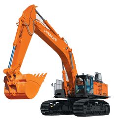 an orange and black excavator is next to it's back end