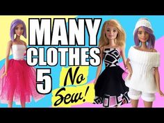 three barbie dolls in different outfits with the words mucha ropa 5 fun cases