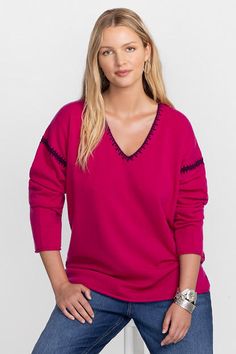 Crafted from a rich wool and cashmere blend, the Whipstitch V-Neck Pullover is equal parts cozy and stylish. Featuring a V-neckline and a drop shoulder, this luxurious pullover is finished with a contrast whipstitch detailing throughout the neck and shoulders. Pair with relaxed-fit jeans and fashion sneakers for a polished casual look. Johnny Was Women's The Whipstitch V-Neck Pullover in Berry Purple, Size XL, Cashmere Red Vneck Sweater, Fitted Red V-neck Sweater, Cashmere Long Sleeve V-neck Sweater, Classic Red V-neck Long Sleeve Sweater, Red Cotton V-neck Sweater, Polished Casual, Women's Blouses, Embroidered Jeans, Boho Chic Outfits