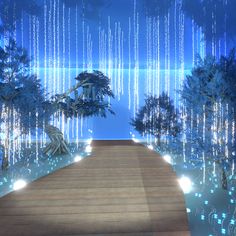 a wooden walkway leading to a forest filled with lots of blue and white raindrops