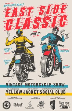 a poster for the vintage motorcycle show, featuring two men on motorcycles and one man in yellow