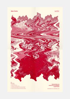 a red and white poster with an abstract pattern on the bottom half of it's page