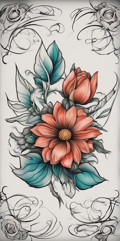 an artistic tattoo design with flowers and leaves