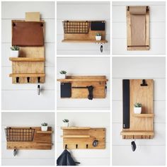 several pictures of wooden shelves with hooks and baskets on them