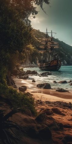 an old pirate ship sailing on the ocean near rocky shore with trees in foreground