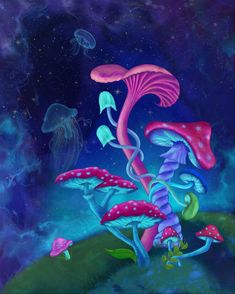 a painting of many different types of mushrooms in the night sky with stars and clouds