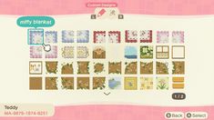 an animal crossing game with many pictures on the screen and text that reads, miffy blanket