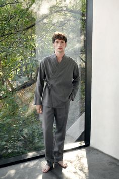 An elegant men's linen set is perfect for martial arts, health practices, for relaxing at home or at the resort. Thanks to the quality of natural fabric, you will feel very comfortable. It's a great choice if you're looking for specialty worker costume for a spa or hotel. The kimono suit made of 100% natural linen, Oeko-Tex certified, free of harmful chemicals. It keeps the temperature of the body + -4 degrees, these clothes are not hot in summer and not cold in winter. Linen allows the skin to breathe, is an anti-allergenic and is not electrified. This is a wear-resistant material and could be washed a lot of times. Kimono coat:  Straight-line-cut A tie-up around the waist Long sleeves 3 stitched lapels Length: 70cm/ 27.5"" Pants: Regular tapered cut with a roomy fit at the waist.  Comfor Casual Linen Kimono For Loungewear, Mens Kimono Shirt, Kimono Suit, Mens Robes, Kimono Set, Linen Kimono, Relaxed Fit Pants, Male Kimono, Health Practices