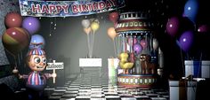 an animated birthday scene with clowns and balloons in the background, on a black and white checkered floor