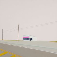 a painting of a building on the side of a road with power lines above it