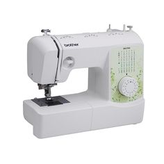 the sewing machine is white and has green buttons on it's front end,