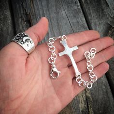 Sterling Silver Cross Bracelet Handmade Wild Prairie Silver Jewelry Joy Kruse Sterling Silver Cross Jewelry With Lobster Clasp, Spiritual Sterling Silver Bracelet With Polished Finish, Hand Cast Sterling Silver Bracelet Gift, Hand Cast Sterling Silver Bracelet, Silver Cross Bracelet, Handmade Chain, Silver Chain Style, Cross Bracelet, Sterling Silver Cross