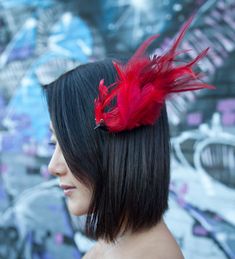 A red cardinal bird with a large tail of red and black feathers adorn this fascinator barrette. The delicate feathers perfectly accentuate the elegant bird. This eye-catching accessory has a fascinator to hold the clip in place, no matter how you place it. It has pins and clips so you can wear it in your hair, as a hat, on a dress, on your purse or anywhere. I hand made this barrette myself. I incorporate vintage buttons, fabrics & jewels that my mom, who was also an artist, collected but never Bird Fascinator, Red Cardinal Bird, Fashion District Los Angeles, Pink Hats, Red Feather, Christmas Bird, Fashion District, Cardinal Birds, Red Bird