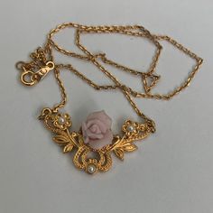 Bnwot - Dainty Ceramic Pink Rose Pendant In A Filigree Gold Setting And Accented With Faux Pearls. Reminds Me Of The 1928 Company Which Is Famous For The Revival Of The Victorian Era. Romantic And Feminine. #O18-20 Vintage Rose Necklace For Wedding, Vintage Rose Design Necklaces In Rose Color, Elegant Pink Rose Necklace, Preppy Necklaces, Mixed Chain Necklace, Red Beaded Necklaces, The Victorian Era, Green Beaded Necklace, Jewel Necklace