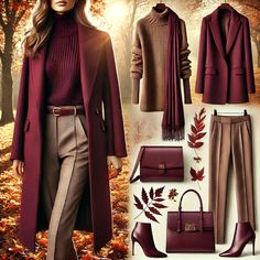 Here’s a stylish autumn look featuring a tailored burgundy wool coat paired with a matching turtleneck sweater and neutral slim trousers, complete with knee-high boots and a structured handbag. This combination emphasizes elegance and rich seasonal tones, perfect for adding a sophisticated touch to any autumn day. Burgundy Coat Outfit Winter, Burgundy Turtleneck Outfits, Burgundy Leather Pants Outfit, Burgundy Trousers Outfit, Burgundy Coat Outfit, Butter Yellow Outfit, Outfit Bordeaux, Burgundy Outfit Ideas, Elegant Winter Outfits