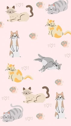 several cats laying on top of each other with hearts in the background and one cat lying down