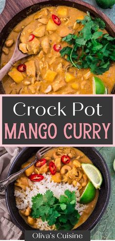 crock pot mango curry in a skillet with rice and cilantro on the side