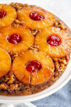 a pineapple upside down cake on a white plate