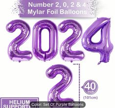 purple balloons with numbers on them for the new year's eve balloon sale at helium balloons