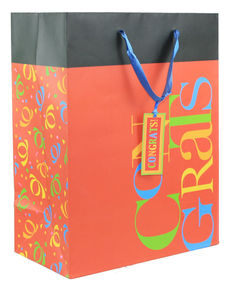 an orange and black shopping bag with the words grads on it's side