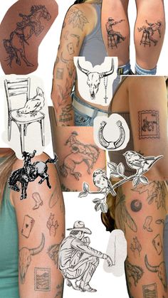 several different tattoos on the back of women's arms and legs, all with various pictures