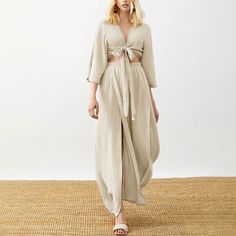 Tavimart 100% Cotton Chic Elegant Two Piece Sets Womens Bandage Lace Up Tops And Long Maxi Skirt Suit Holiday Outifits Summer Tracksuit Beige Long Sleeve Beach Sets, Elegant V-neck Beach Set, Beige Two-piece Bottoms For Summer, Beige V-neck Summer Sets, Beige Fitted Vacation Sets, Long Evening Dresses Elegant, Summer Tracksuit, Low Waisted Pants, Cargo Pants Streetwear