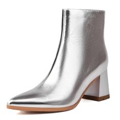 PRICES MAY VARY. Comfortable fit: with a heel height of 3"/7.5cm, these silver boots provide just enough lift while still allowing for all-day wearability Chic and stylish: these silver boots for women boast a trendy pointed toe that'll elevate any outfit，side zipper design easy to slip on and off. Eye-catching design: the silver PU leather and metallic finish make for a show-stopping look that's sure to turn heads,these metallic boots with pointed toe and chunky heel design. Dress occasion: whe Silver Boots Outfit, Silver Kitten Heels, Silver Ankle Boots, Purple Outfit, Kitten Heel Boots, Silver Boots, Metallic Boots, Wedding Boots, Gogo Boots