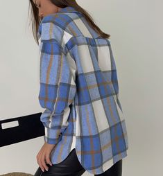 Women's Plaid Jacket Lapel Single Breasted Check Shirt Shacket with Pocket Blue Shirt For Fall, Collared Flannel Shirt With Pockets For Spring, Spring Collared Flannel Shirt With Pockets, Fall Shirt With Lapel Collar, Shirt With Lapel Collar And Placket For Fall, Fall Single Breasted Collared Shirt, Blue Lapel Collar Shirt For Fall, Blue Long Sleeve Flannel Shirt For Fall, Blue Collared Flannel Shirt For Fall