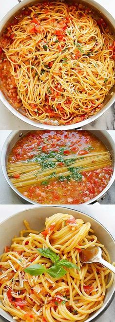 two pictures showing different types of pasta in pans