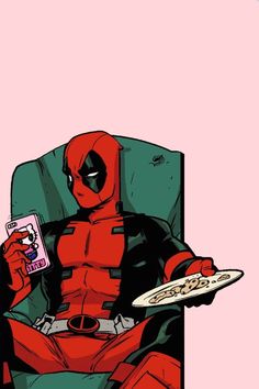 deadpool sitting in a chair holding a plate