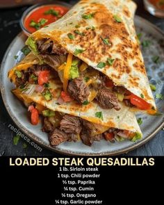 an advertisement for steak quesadillas on a plate