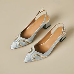 TSS58 Leather Heels Pumps Sandals - Women's Casual Shoes | Touchy Style Silver Closed Toe Slingback Sandals For Spring, Summer Leather Heels With Metal Feet, Silver Closed Toe Slingback Pumps For Summer, Silver Slingback Pumps With Padded Heel For Summer, Summer Leather Low Heel Slingback Pumps, Summer Silver Slingback Pumps With Closed Toe, Office Slingback Sandals With Round Toe For Summer, Office Summer Slingback Sandals With Round Toe, Office-appropriate Summer Slingback Sandals With Round Toe