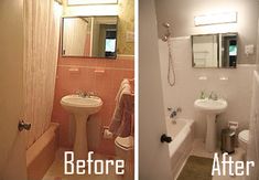 before and after photos of a bathroom remodel