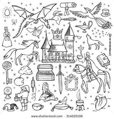 black and white drawing of different things in the shape of a castle with birds flying over it