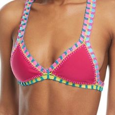 Pilyq Platinum Magenta Triangle Bikini Swim Top Color: Pink Blue Teal Yellow Size: Medium Solid Pattern Crochet Trim Accents Halter Straps Triangle Cup Shape Hand Wash Only Playful Pink Triangle Top Swimwear, Vibrant Pink Stretch Swimwear, Fun Multicolor Triangle Top Swimwear, Multicolor Triangle Top Swimwear With Color Block, Multicolor Triangle Top Color Block Swimwear, Fun Pink Triangle Top Swimwear, Vibrant Pink Triangle Top Swimwear, Fun Pink Swimwear For Festival, Beachy Clothes