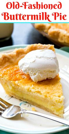 a slice of old fashioned buttermilk pie on a plate